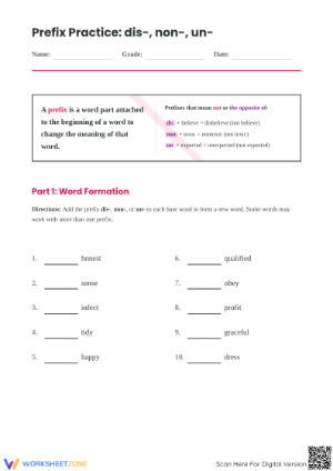 Prefix Practice Worksheet: Dis, Non, Un | Grade 4 Printable