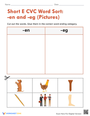 Short E CVC Word Sort: -en and -eg (Pictures)
