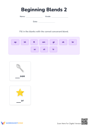 Beginning Blends Worksheet | Grade 3 Essential Phonics