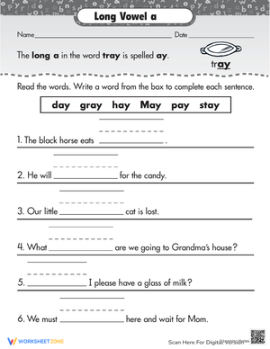 Learning Long Vowels: Long A in Tray