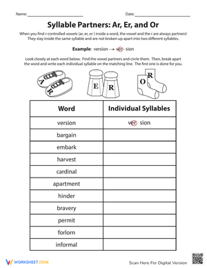 Syllable Partners: Ar, Er, and Or