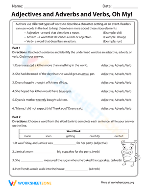 Adjectives, Adverbs, and Verbs Worksheet
