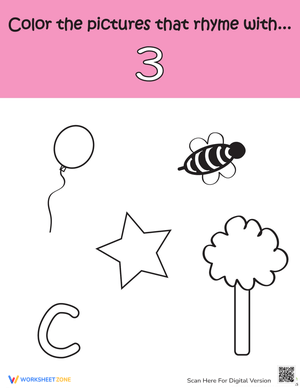 Practice Rhyming with Three Worksheet