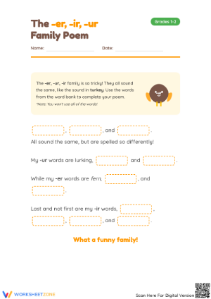 Grades 1-2 Word Family Poem — Printable No-Prep Worksheet