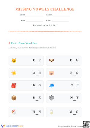 Printable Missing Vowels Worksheet | Grade 1 & 2 Phonics