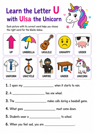 Essential Letter U Vocabulary Worksheet | Grade 3-4