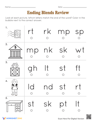 Ending Blends Review Practice Worksheet
