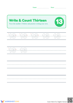 Trace the Number 13 Worksheet | Printable Kindergarten Math