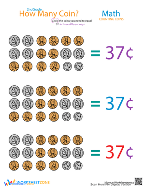 Counting Coins to 37 Cents Worksheet