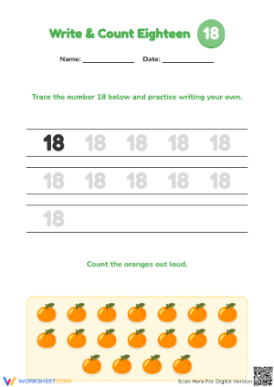Printable Number 18 Worksheet: Trace and Count for Kids