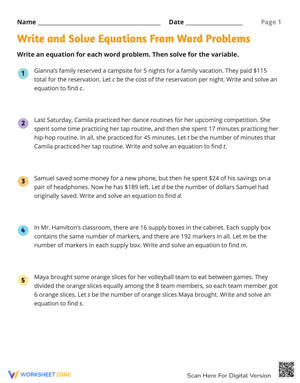 Write & Solve Equations from Word Problems