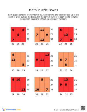 Addition Math Puzzles Worksheet
