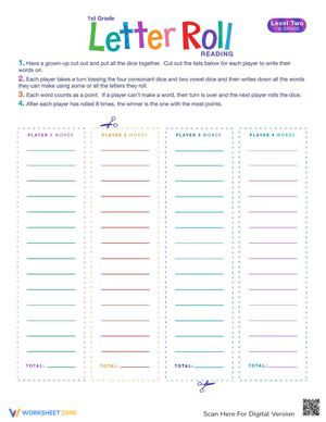 Letter Roll Reading Game: Level Two