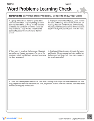 Word Problems Learning Check Worksheet