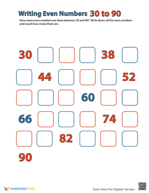 Identify Even Numbers: Practice from 30 to 90