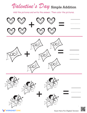Valentine's Day Beginning Addition Worksheet