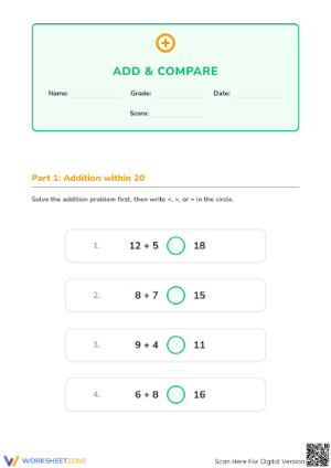 Printable Add and Compare Worksheet | Grade 2 Math