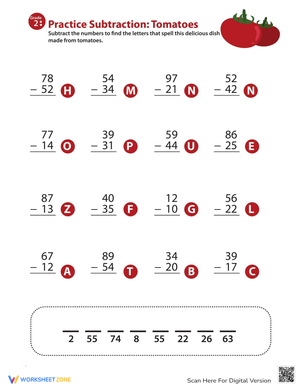 Veggie Two-Digit Subtraction Practice Worksheet