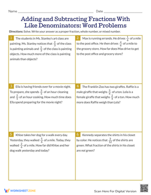 Adding/Subtracting Fractions Word Problems