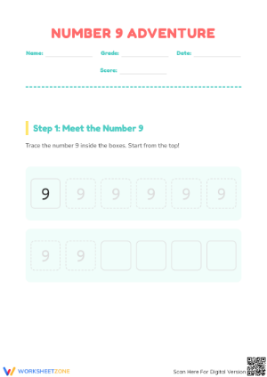 Number 9 Adventure: Printable Math & Handwriting Worksheet