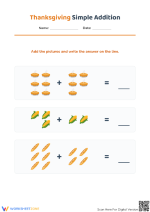 Thanksgiving Simple Addition Worksheet | Grade K-1 Essential