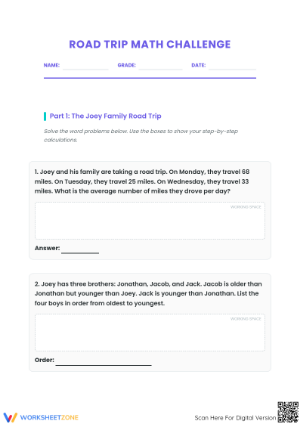 Grade 4 Road Trip Word Problems — Printable Math Worksheet