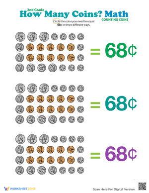 Coins: 68 Cents Worksheet