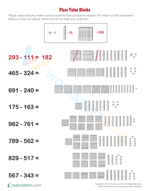 Subtraction with Place Value Blocks Worksheet