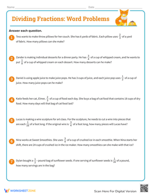 Dividing Fractions Word Problems Worksheet