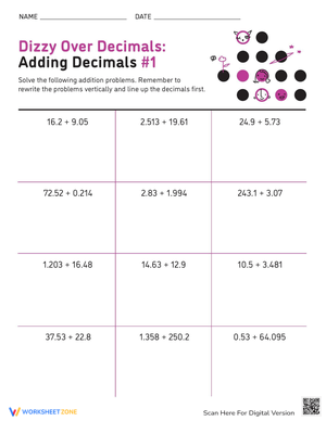 Adding Decimals Practice Worksheet