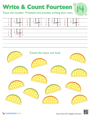 Number 14 Tracing and Counting Worksheet