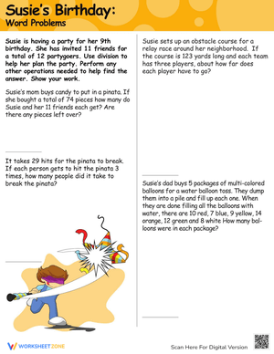 Division Word Problems Party Theme