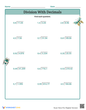 Division with Decimals Worksheet