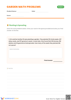 Printable Grade 4 Word Problems: Multi-Step Garden Math