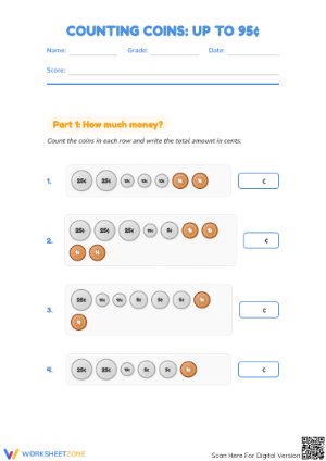 Printable Grade 2 Money Math: Counting Coins up to 95 Cents