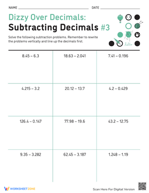 Subtracting Decimals Practice Worksheet