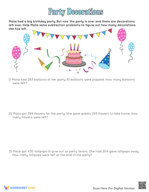 Subtraction Party Decorations Worksheet