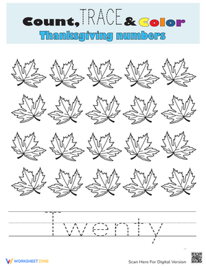 Count, Trace, Color Number 20 Worksheet