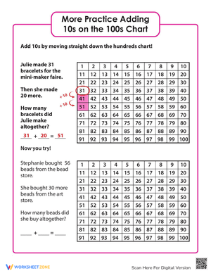 Adding 10s on the Hundreds Chart Worksheet