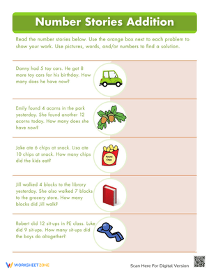 Addition Number Stories Worksheet
