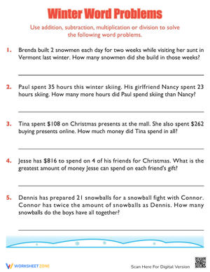 Winter Word Problems Worksheet