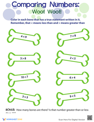 Comparing Numbers with Dog Bones Worksheet