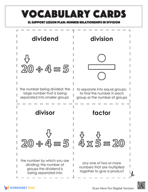 Vocabulary Cards: Number Relationships in Division
