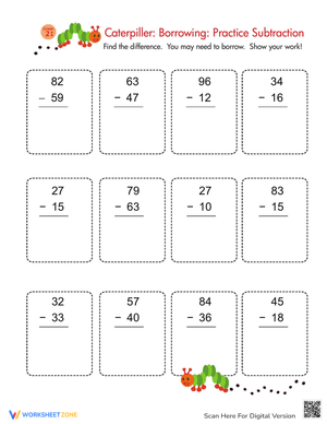 Caterpillar Subtraction Worksheet for Kids