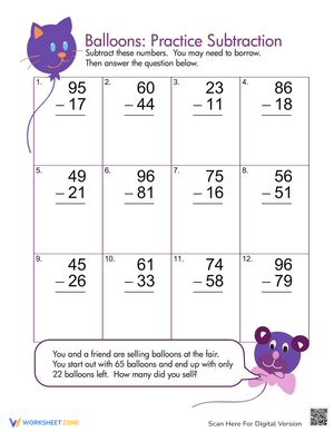 Balloon Subtraction Practice Worksheet