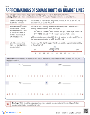 Approximating Square Roots on Number Lines Worksheet