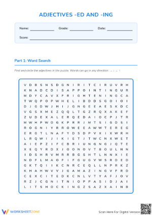 Grade 3 Adjectives -ed and -ing Printable Worksheet
