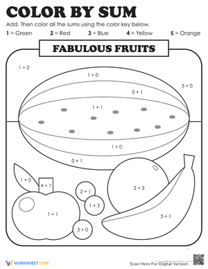 Color Sum Fabulous Fruits Worksheet