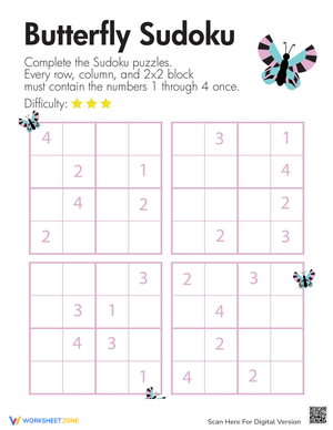 Butterfly Sudoku Puzzle Worksheet