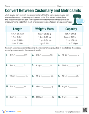 Convert Customary and Metric Units Worksheet